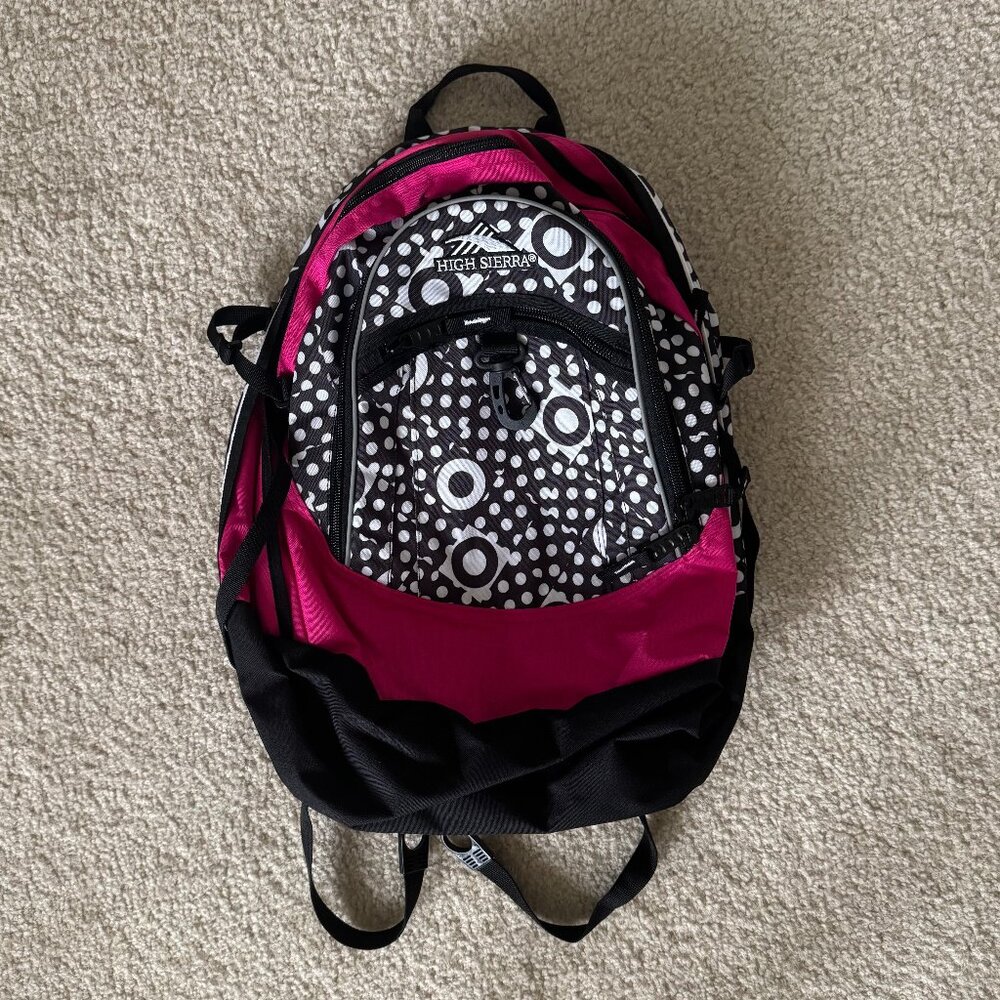NWOT High Sierra Black and White Polka Dot Backpack with Bright Pink Border